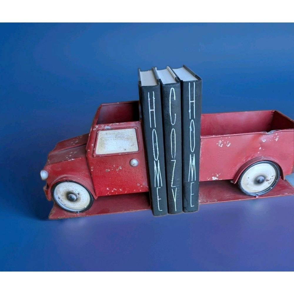 Vtg Red Rustic Metal Pick Up Truck Bookends 15"x 5"x 7.5" Open Compartments